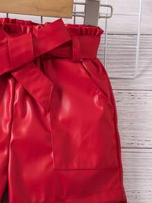SHEIN 小女孩 Pu 皮短褲(配皮帶) - 紅色 - 查看 4