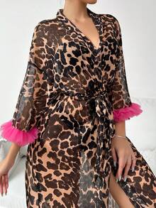 對比層疊荷葉邊豹紋束腰長袍(內衣套裝不包含) - 彩色 - 查看 5