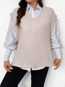 SHEIN Frenchy 大尺碼女性v領針織背心 - 杏色 - 查看 6