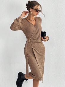 SHEIN Essnce Solid Rib-knit Wrap Side Dress - Camel - View 3