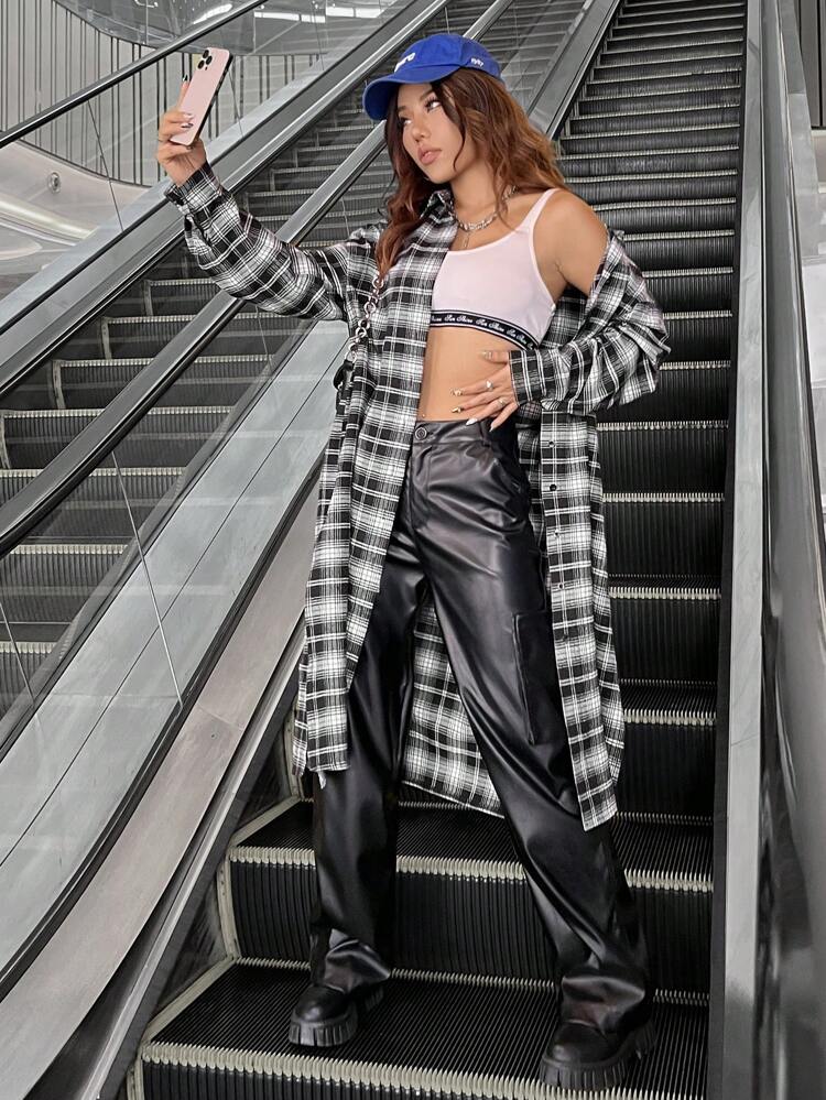 Women's Long Plaid Coat With Letter Printed, Autumn And Winter