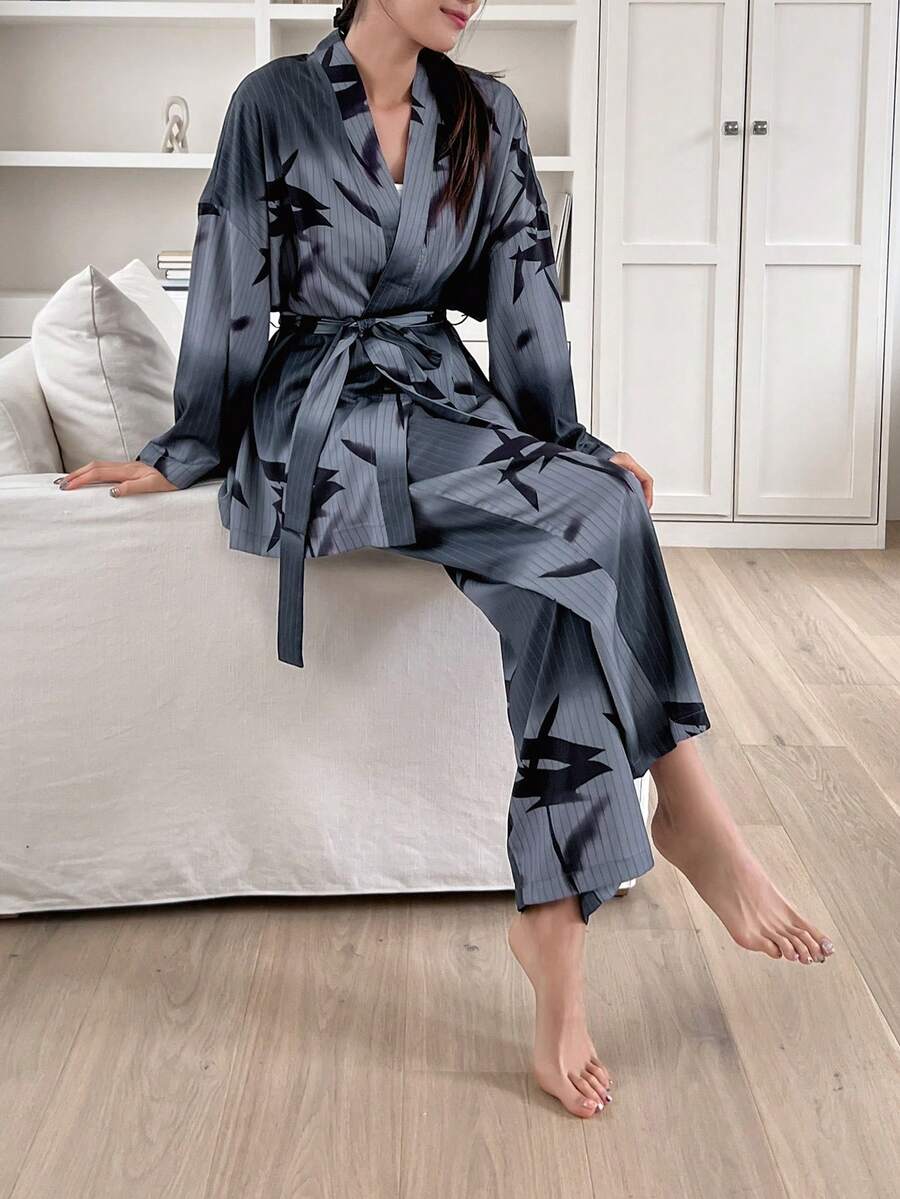 DAZY 女士漸變植物印花腰帶上衣和褲子睡衣套裝 - 深灰色 - 查看 1