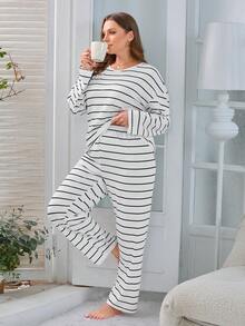 2件條紋長t恤和長褲睡衣套裝 - 黑與白 - 查看 3