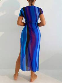 SHEIN Swim 高側面開衩色塊連身泳裝罩衫,帶結扣細節 - 藍色 - 查看 2