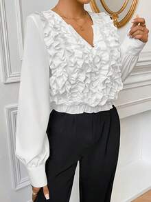 SHEIN Privé Ruffle Design V-neck Puff sleeve Shirt - White - View 5