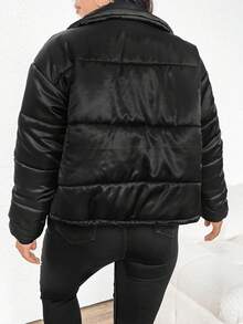 SHEIN Frenchy Plus Size Solid Color Padded Coat With Drawstring Hem - Black - View 2