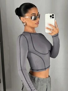 SHEIN ICON Top-stitching Crop Tee - Grey - View 4