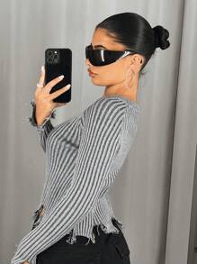 SHEIN ICON 秋冬条纹破洞毛衣 - 灰色 - 查看 2