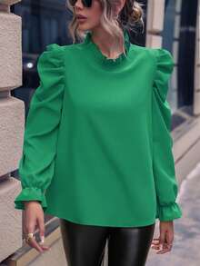 SHEIN Clasi 褶邊立領與蕾絲袖襯衫