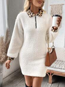 Chiquease 女士豹紋拼接翻領下肩燈籠袖連衣裙 - 白色 - 查看 4