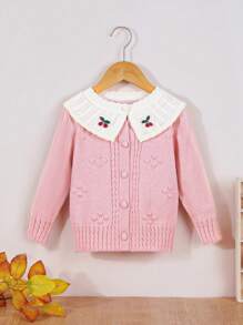 Baby Girls' Cherry Patterned Button Front Cardigan With Contrast Collar - Pink - View 1