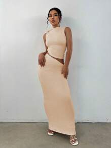 SHEIN Unity Twist Cropped Top And Skirt Two-piece Set - Apricot - View 6