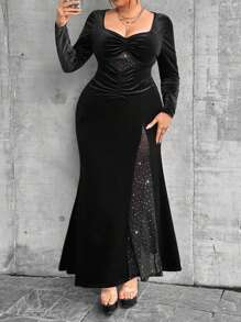 Celure Plus Size Contrast Mesh Dress - Black - View 4