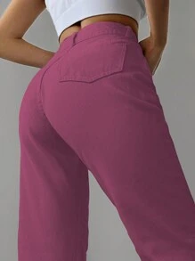 Cottnline High Waist Zipper Fly Denim Jeans - Baby Pink - View 5