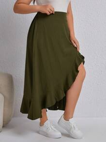 SHEIN LUNE Plus Ruffle Trim Split Thigh Skirt - Army Green - View 3