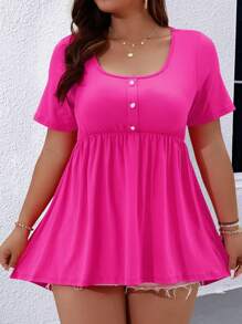 EMERY ROSE Plus Half Button Peplum Tee - Hot Pink - View 5