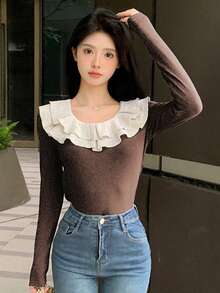 DAZY 女款露肩長袖 T 卹 - 咖啡棕 - 查看 4