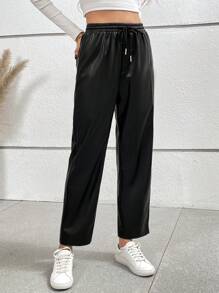 SHEIN Frenchy Eo dây rút Quần chân thẳng - màu đen - Xem 4