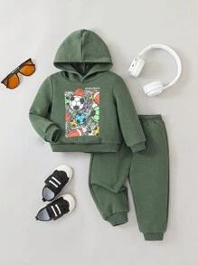 SHEIN 嬰兒男童足球圖案連帽衫和彈性腰帶褲套裝 - 綠色 - 查看 1