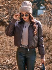 Aveloria Women's Solid Color PU Leather Zip Front Short Casual Padded Padded Coat, Winter Clothes Fall Cloth For Women - Brown - View 6