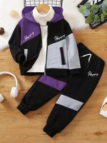 SHEIN Young Boy Letter Graphic Colorblock Zip Up Hoodie & Sweatpants Without Tee - Purple - View 1