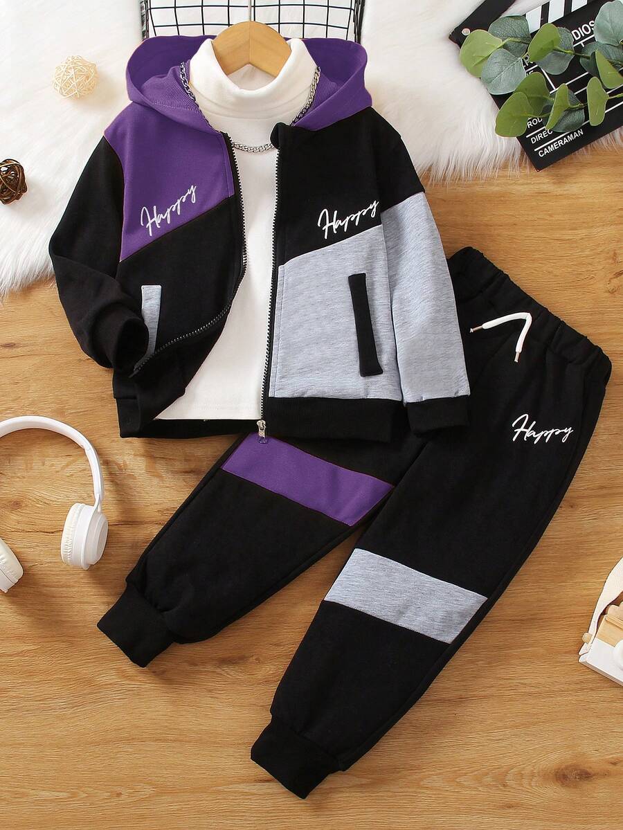 SHEIN Young Boy Letter Graphic Colorblock Zip Up Hoodie & Sweatpants Without Tee - Purple - View 1