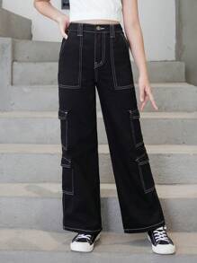 SHEIN Explorewe Tween Girl New Casual Fashionable Cargo Style Straight Leg Jeans With Multi Pockets