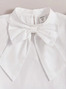 SHEIN 女童合身學院風衬衫,羊腿袖設計並飾有大蝴蝶結 - 白色 - 查看 5