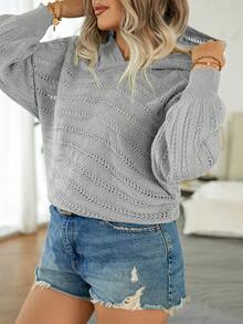 Calvaya 女款鏤空純色簡約大尺碼毛衣 - 淺灰色 - 查看 4