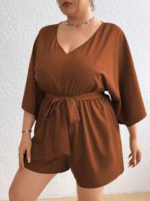 SHEIN Holidaya Hơn tay cánh Thắt lưng Romper - màu nâu - Xem 3