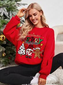 SHEIN LUNE In Giáng sinh Thả vai Áo nỉ - Đỏ - Xem 1