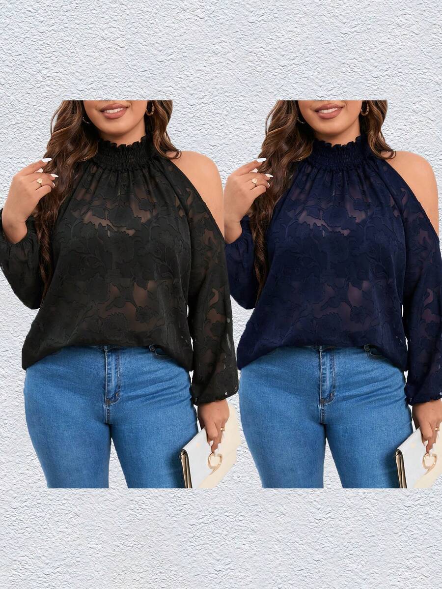 SHEIN Clasi Plus Floral Print Cold Shoulder Blouse - Black - View 1