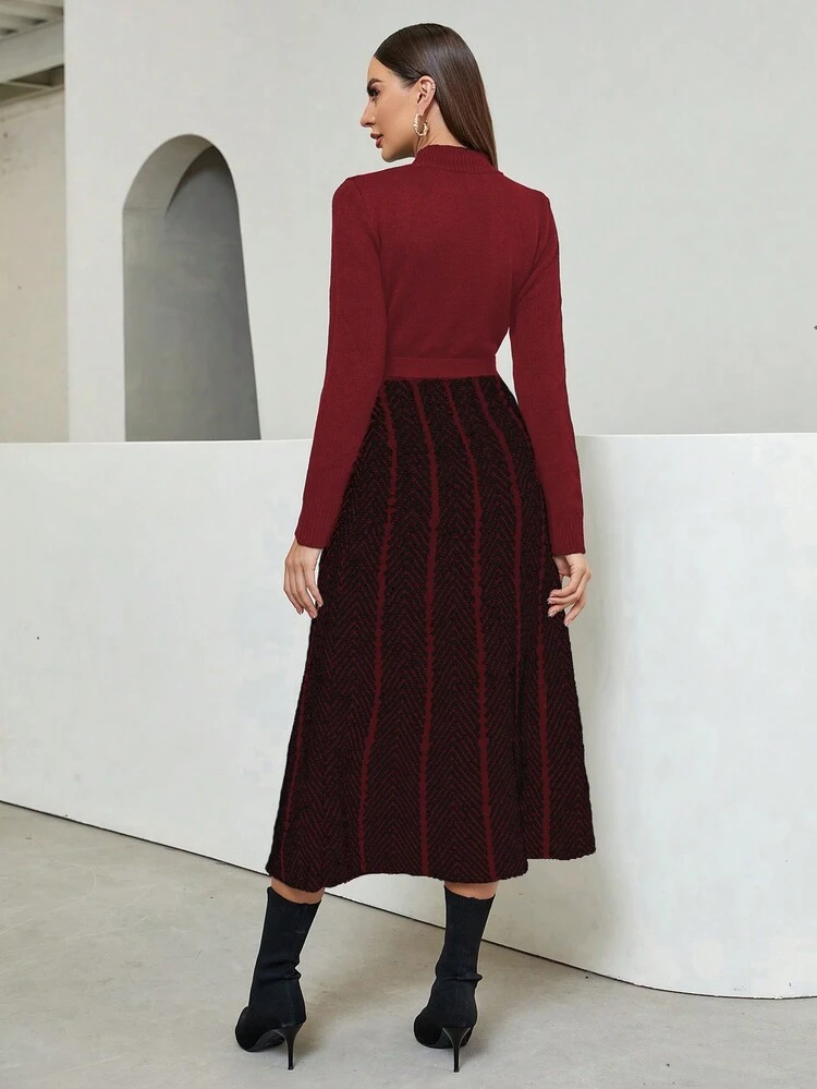 Burgundy Red Women's Houndstooth Pattern Belted Sweater Dress Fall Cloth For Women