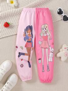 SHEIN Girls' New Style Elastic Waist Printed Sweatpants With Mandarin Ducks Pattern, Toddler/little Kids - Pink - View 1