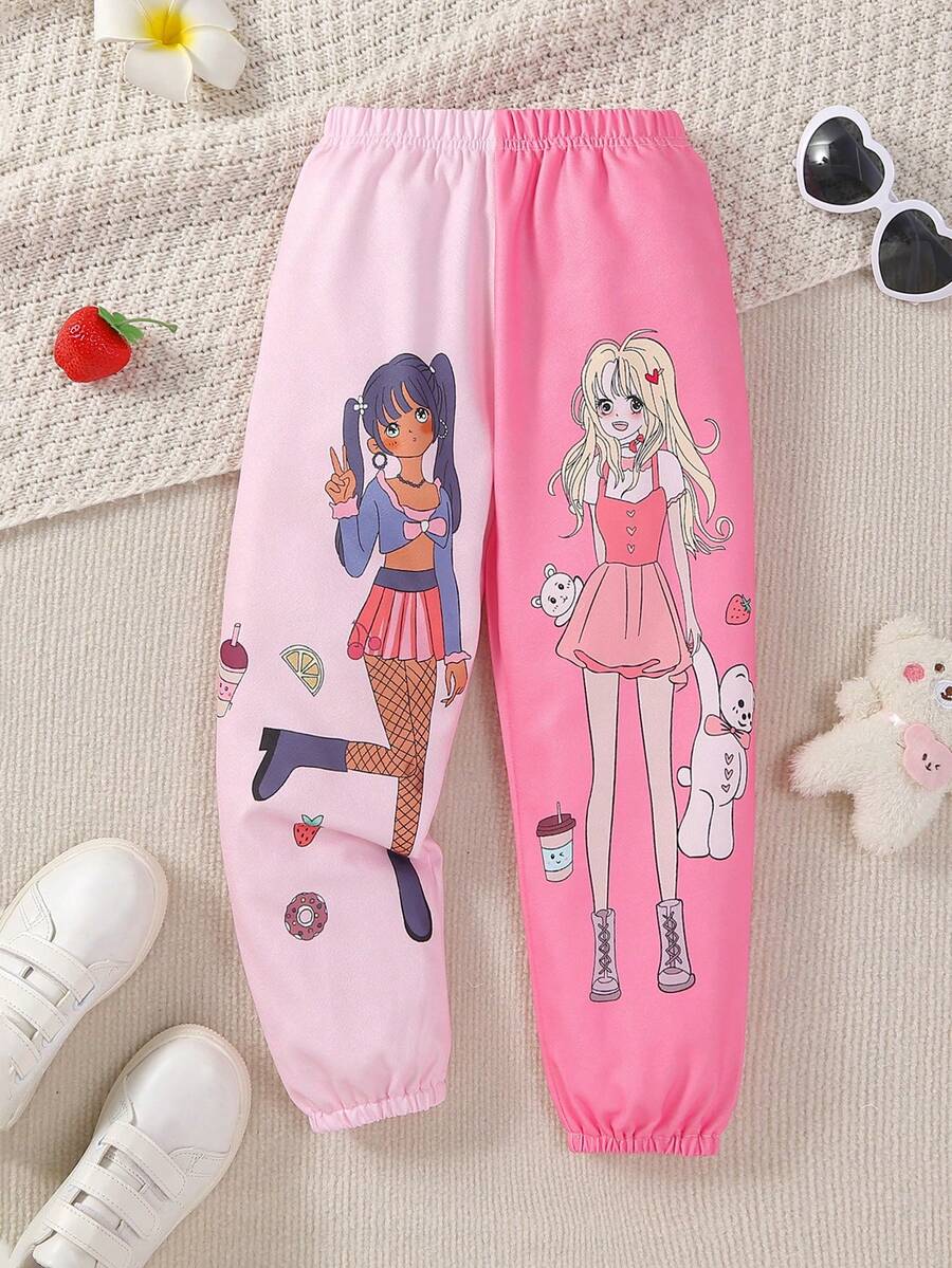 SHEIN Girls' New Style Elastic Waist Printed Sweatpants With Mandarin Ducks Pattern, Toddler/little Kids - Pink - View 1