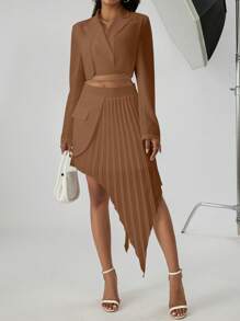 SHEIN Privé 2pcs/Set Tie Front Blazer And Asymmetrical Hem Skirt Suit - Brown - View 6