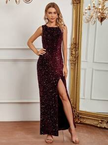 SHEIN Belle Burgundy Red Split Thigh Sequin Formal Dress, Wedding Guest Dress Party Cocktail Dress - Burgundy - View 4
