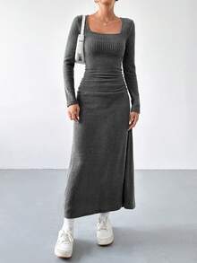 SHEIN EZwear 方領褶皺連身裙 - 灰色 - 查看 3