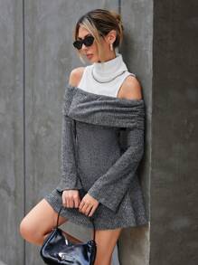 SHEIN Essnce Vai lạnh Gấp lại Đầm - Xám - Xem 6