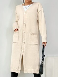 SHEIN Essnce 杏顏色前紐扣落肩袖開襟衫帶雙面口袋 - 米色 - 查看 5