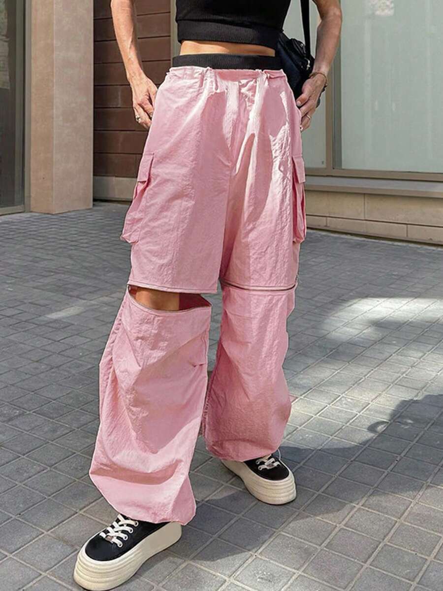 Pantalones Cargo Generales Con Cremallera De Color Rosa Para Mujer - Rosa - Ver 1