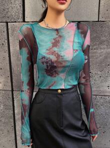 DAZY 扎染透视上衣 透明长袖女式上衣，秋季女装