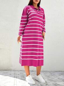 SHEIN Cottnline Vestido De Cuello De Polo A Rayas De Talla Grande - Rosa Fucsia - Ver 3