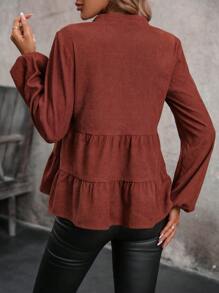 SHEIN LUNE Women's Lantern Sleeve Shirt With Notch Collar And Multi-layered Hem - Brown - View 2