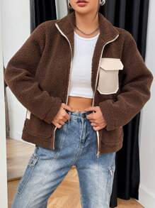 SHEIN Unity Flap Pocket Zip Up Teddy Jacket - Brown - View 1