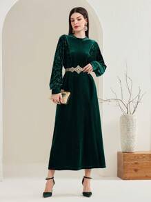 Mulvari Women's Loose Fit Casual Dress With Patchwork And Ruffle Neckline - Dark Green - View 1