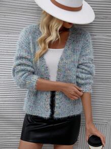 SHEIN Essnce Dệt kim Marled Thả vai Áo len Mở - Màu xanh lam - Xem 6