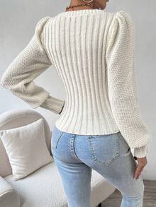 SHEIN LUNE 女士燈籠袖針織衫 - 米色 - 查看 2