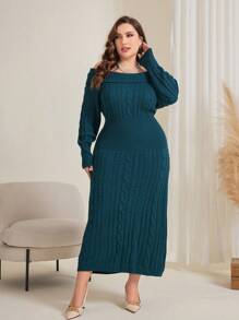 Modelyn Women's Plus Size Off Shoulder Cable Knit Sweater Dress