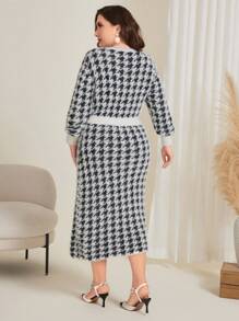 Modelyn Hơn Đồ họa Houndstooth Tay áo lồng đèn Đầm Áo len - Đen và trắng - Xem 2
